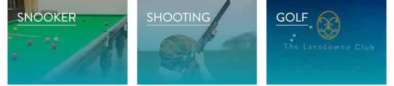 Snooker, Shooting and Golf tiles on the Sports & Wellbeing page, each photo tinted with the department's teal.