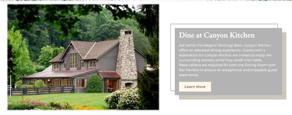 Dine at Canyon Kitchen: a photograph of the barn whose edges fade out softly, beside a framed text card.