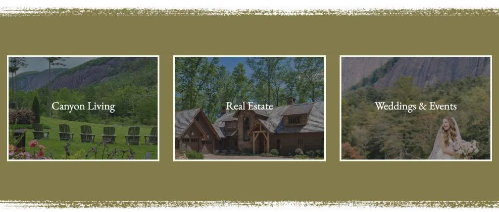 The olive band on the homepage, with dry-brush edges above and below and three framed photo boxes: Canyon Living, Real Estate, Weddings & Events.