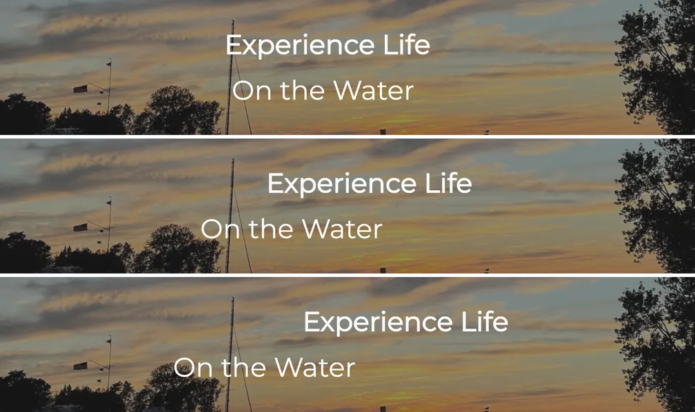 Three moments of the pinned harbour banner: as the page scrolls, Experience Life moves right and On the Water moves left.