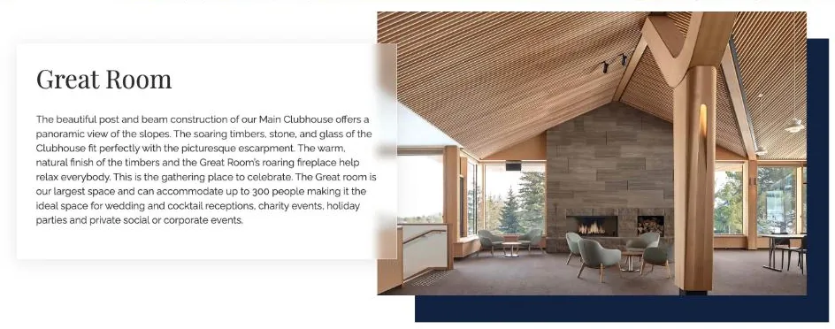 The Great Room on the Event Space page: a frosted text panel overlapping the room photograph, with a navy offset frame behind.