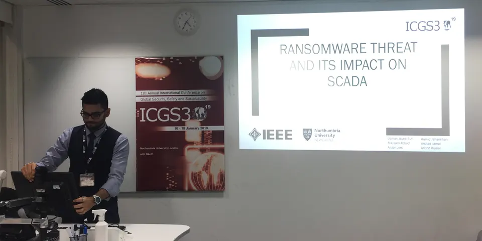 Arvind Kumar presenting at ICGS3 2019: the ransomware and SCADA paper, published by IEEE