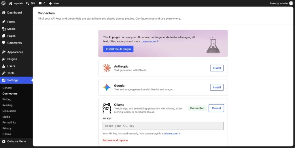 The Ollama connector card opened with Edit, showing an empty API key field, the note Your API key is stored securely, a Remove and replace link and the Connected badge.