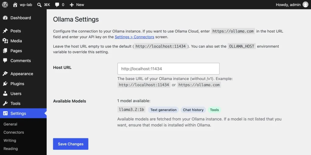 The Ollama Settings screen in WordPress with the Host URL field left on the default http://localhost:11434 and one available model, llama3.2:1b, tagged Text generation, Chat history and Tools.